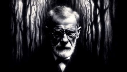 Charcoal portrait of Sigmund Freud among bare trees