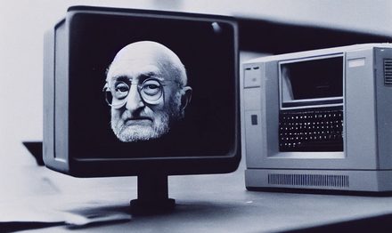 A face on a vintage CRT monitor beside an early desktop computer